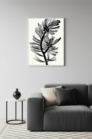 Beyaz Ahşap Çerçeveli Minimal Yaprak Desenli Tablo - Siyah Beyaz | Huhu1251