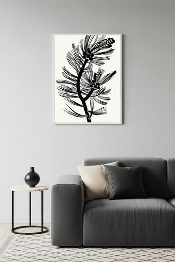Beyaz Ahşap Çerçeveli Minimal Yaprak Desenli Tablo - Siyah Beyaz | Huhu1251