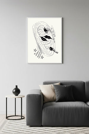 Beyaz Ahşap Çerçeveli Minimal Soyut Tablo - Siyah Beyaz | Huhu1253