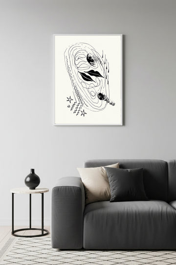 Beyaz Ahşap Çerçeveli Minimal Soyut Tablo - Siyah Beyaz | Huhu1253
