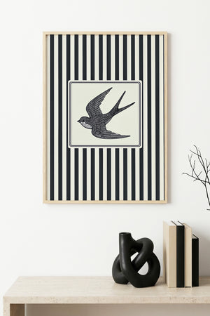 Doğal Ahşap Çerçeveli Çizgili Kuş Desenli Tablo - Modern | huhu1338
