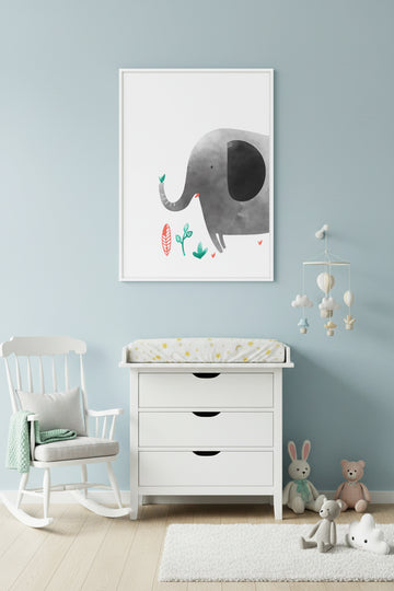 Beyaz Ahşap Çerçeveli Minimal Fil Desenli Tablo - Canlı Tonlar | Huhu1568