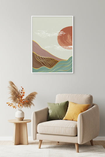 Beyaz Ahşap Çerçeveli Soyut Manzara Desenli Tablo - Pastel Tonlar | Huhu1580