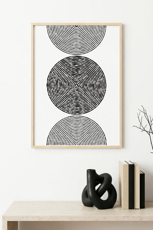 Doğal Ahşap Çerçeveli Geometrik Desenli Tablo - Siyah Beyaz | huhu1584