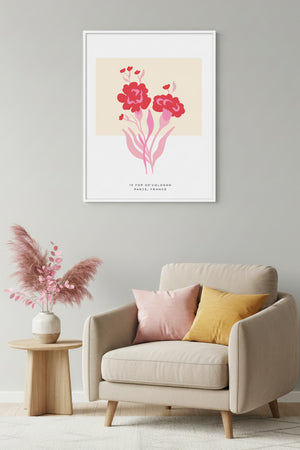 Beyaz Ahşap Çerçeveli Çiçek Desenli Tablo - Pastel Tonlar | Huhu1598