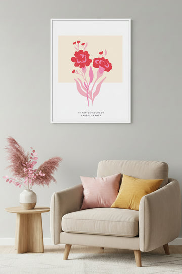 Beyaz Ahşap Çerçeveli Çiçek Desenli Tablo - Pastel Tonlar | Huhu1598