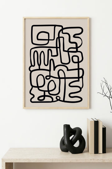 Doğal Ahşap Çerçeveli Minimal Çizgisel Desenli Tablo - Pastel | huhu1615