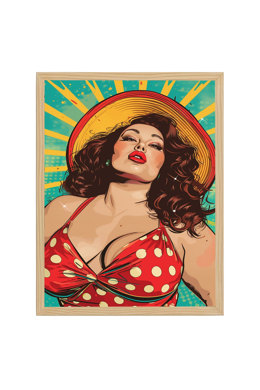 Doğal Ahşap Çerçeveli Pop Art Desenli Tablo - Retro Kırmızı Sarı | huhu1740