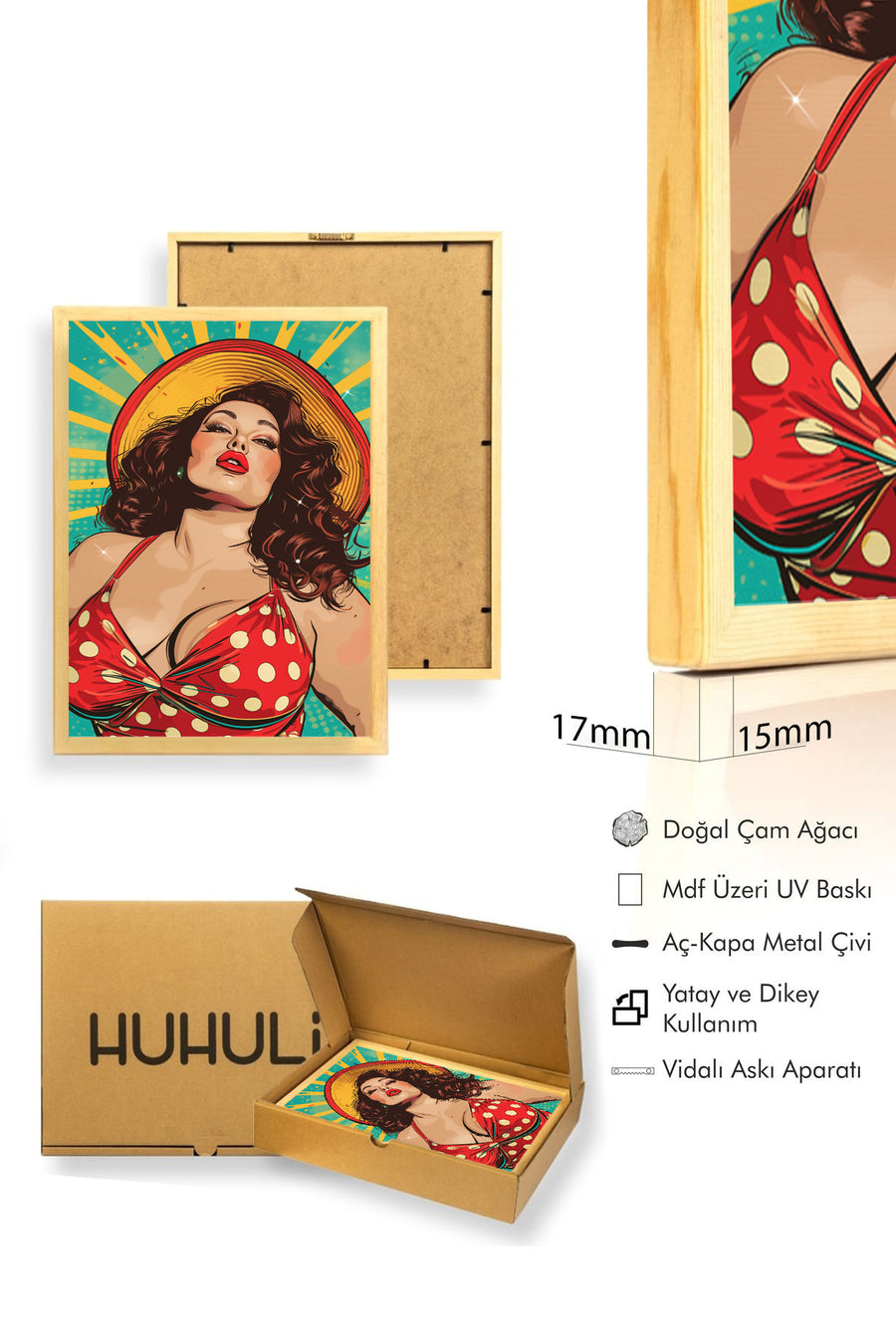 Doğal Ahşap Çerçeveli Pop Art Desenli Tablo - Retro Kırmızı Sarı | huhu1740