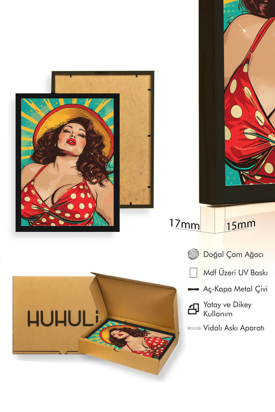 Doğal Ahşap Çerçeveli Pop Art Desenli Tablo - Retro Kırmızı Sarı | huhu1740