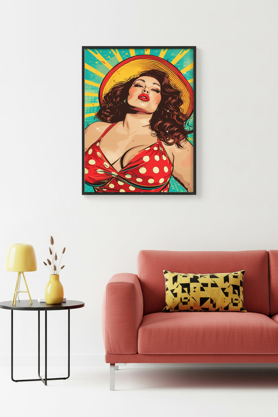 Doğal Ahşap Çerçeveli Pop Art Desenli Tablo - Retro Kırmızı Sarı | huhu1740