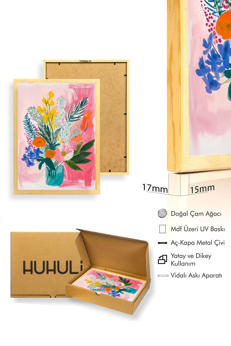 Doğal Ahşap Çerçeveli Çiçek Desenli Tablo - Bahar Temalı | huhu1746