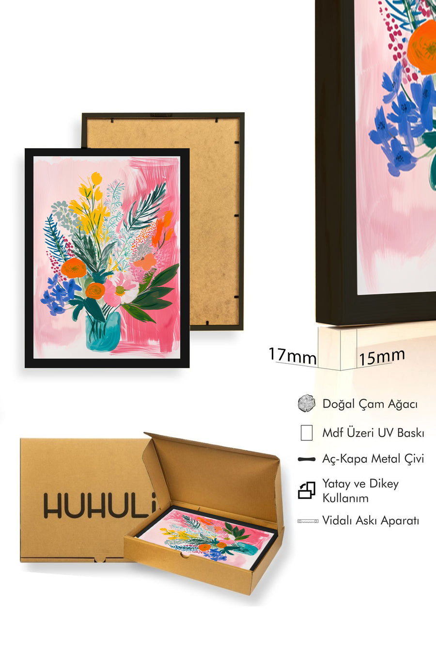 Doğal Ahşap Çerçeveli Çiçek Desenli Tablo - Bahar Temalı | huhu1746