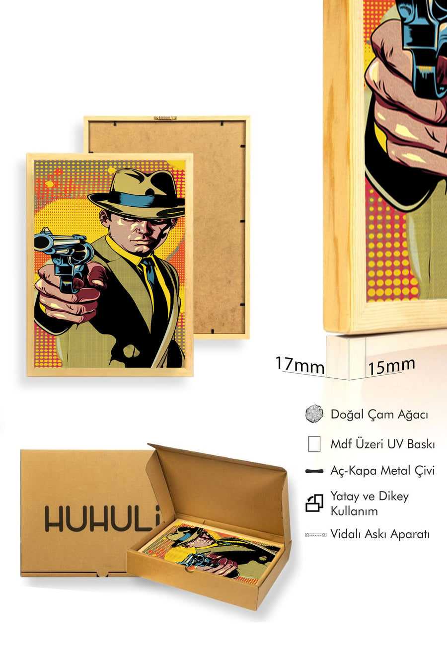 Doğal Ahşap Çerçeveli Pop Art Desenli Tablo - Noir Tarz | Sarı-Siyah | huhu1747