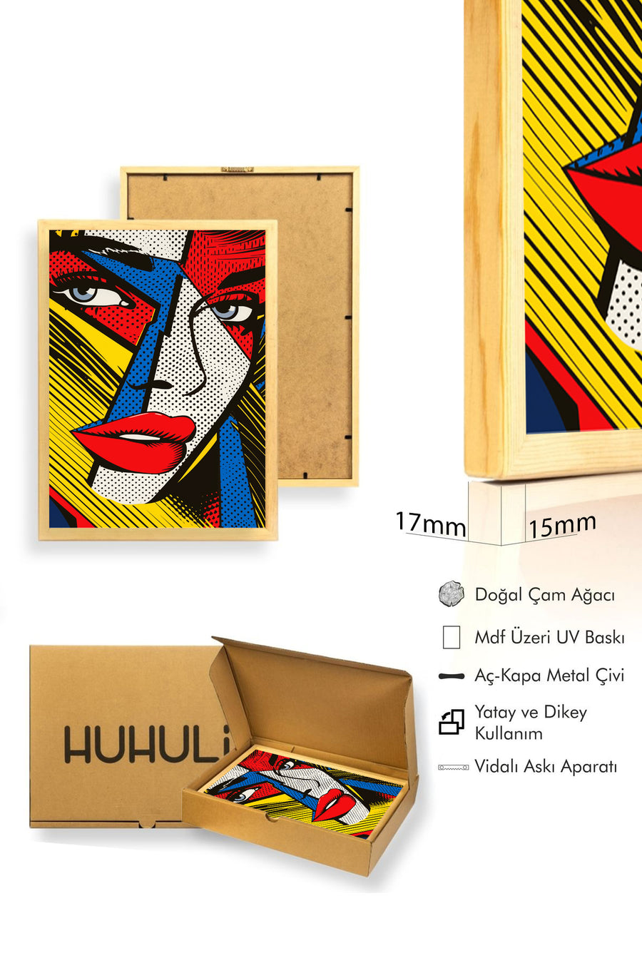 Doğal Ahşap Çerçeveli Geometrik Desenli Tablo - Kırmızı Sarı Mavi | huhu1750