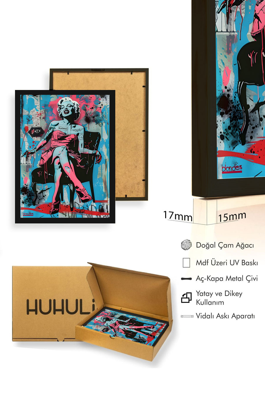 Doğal Ahşap Çerçeveli Grafik Desenli Tablo - Pembe Siyah Pop Art | huhu1753
