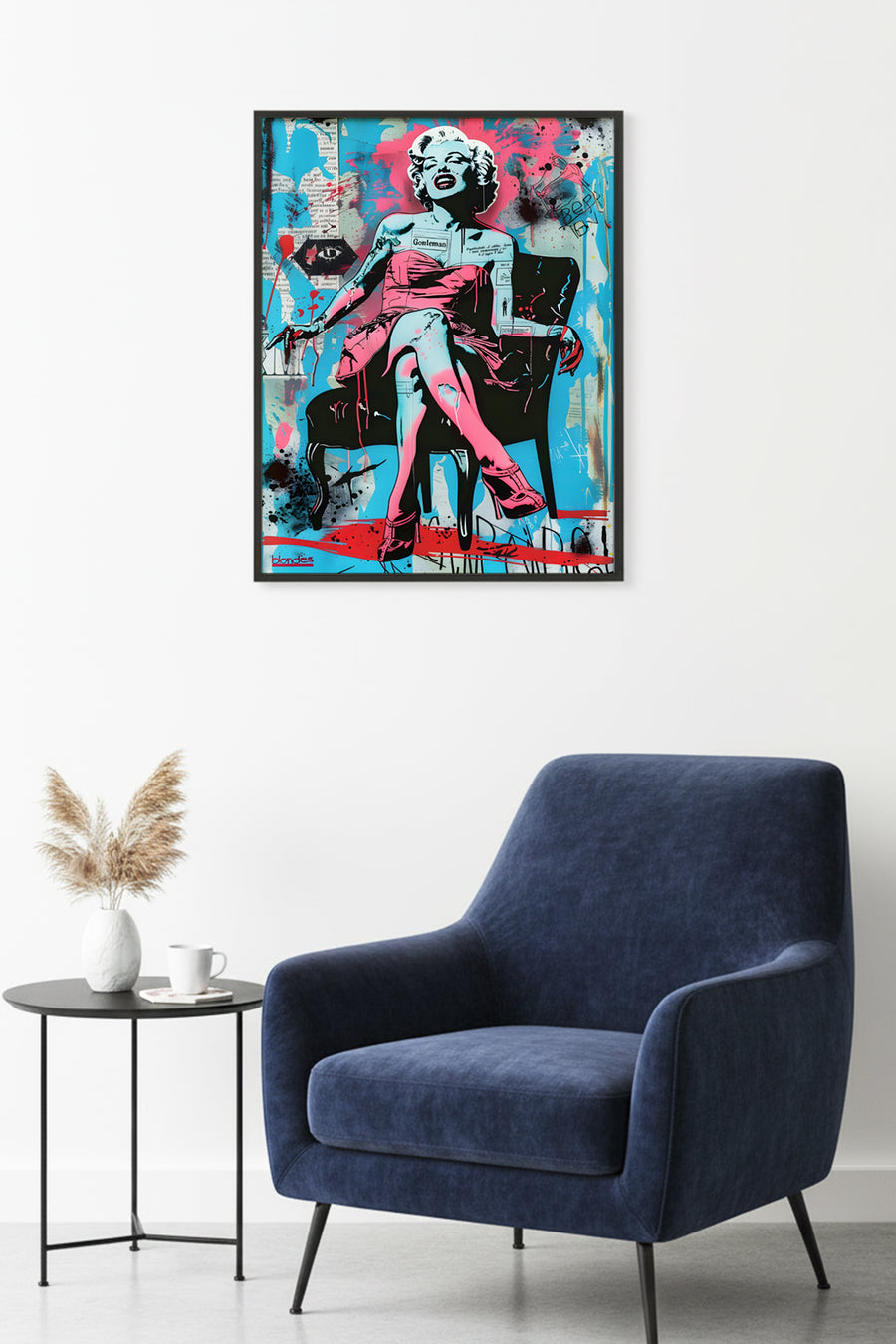 Doğal Ahşap Çerçeveli Grafik Desenli Tablo - Pembe Siyah Pop Art | huhu1753