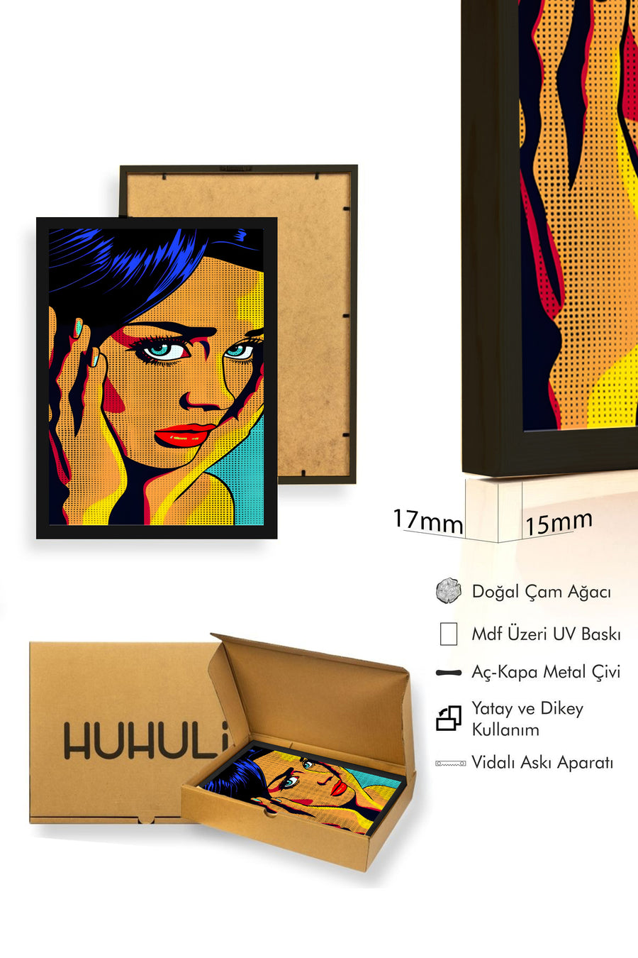 Doğal Ahşap Çerçeveli Pop Art Grafik Desenli Tablo - Sarı-Siyah | huhu1755