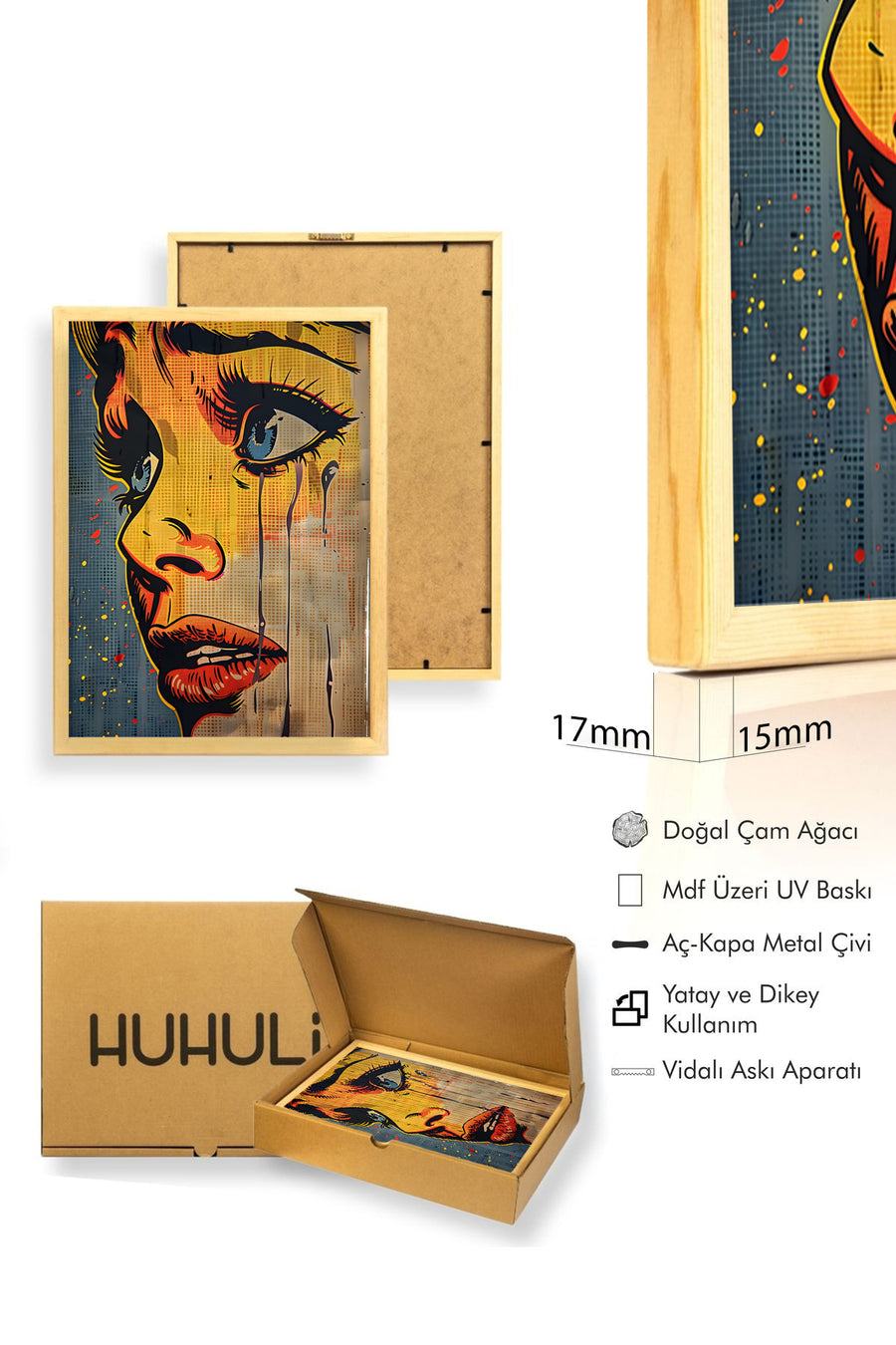 Doğal Ahşap Çerçeveli Grafik Desenli Tablo - Canlı Tonlar | huhu1756