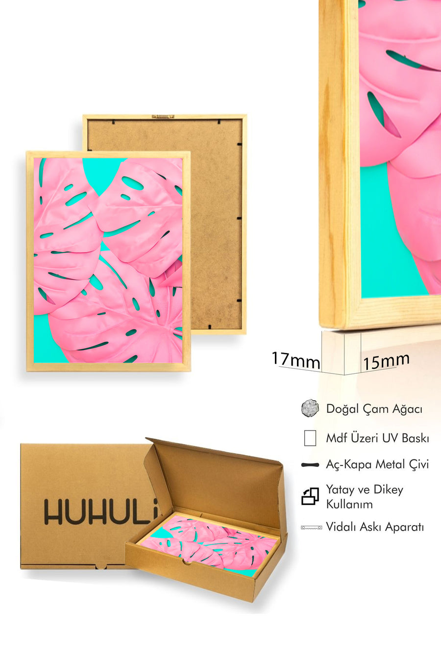 Doğal Ahşap Çerçeveli Tropikal Yaprak Desenli Tablo - Pembe | huhu1758