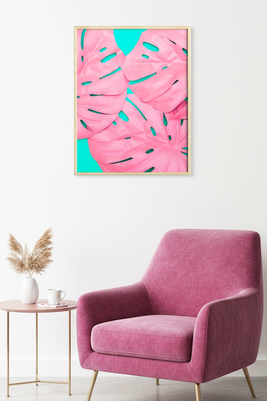 Doğal Ahşap Çerçeveli Tropikal Yaprak Desenli Tablo - Pembe | huhu1758