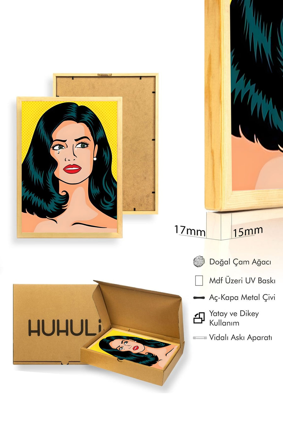 Doğal Ahşap Çerçeveli Pop Art Kadın Portresi Tablo - Sarı Tonlar | huhu1763