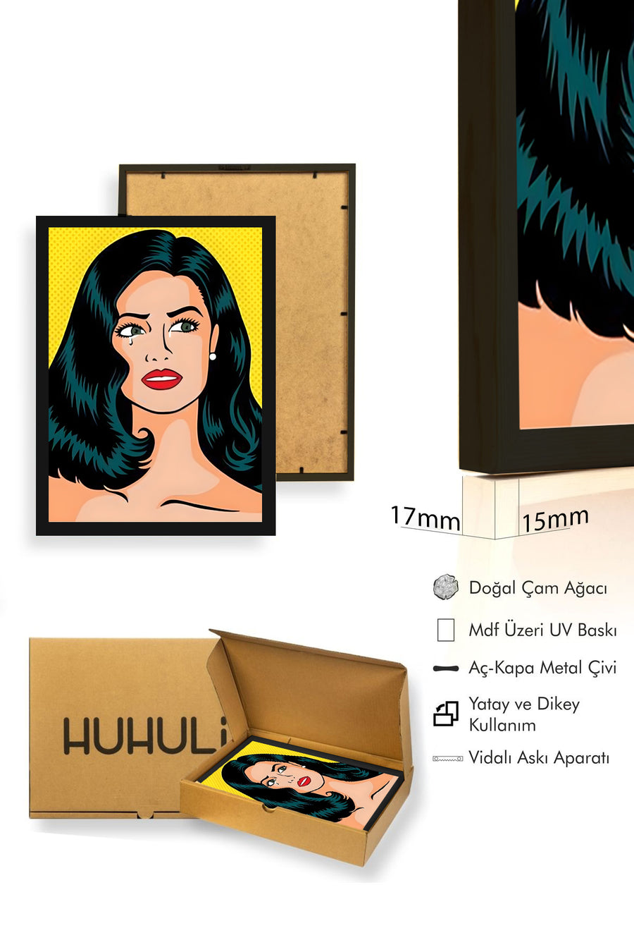 Doğal Ahşap Çerçeveli Pop Art Kadın Portresi Tablo - Sarı Tonlar | huhu1763