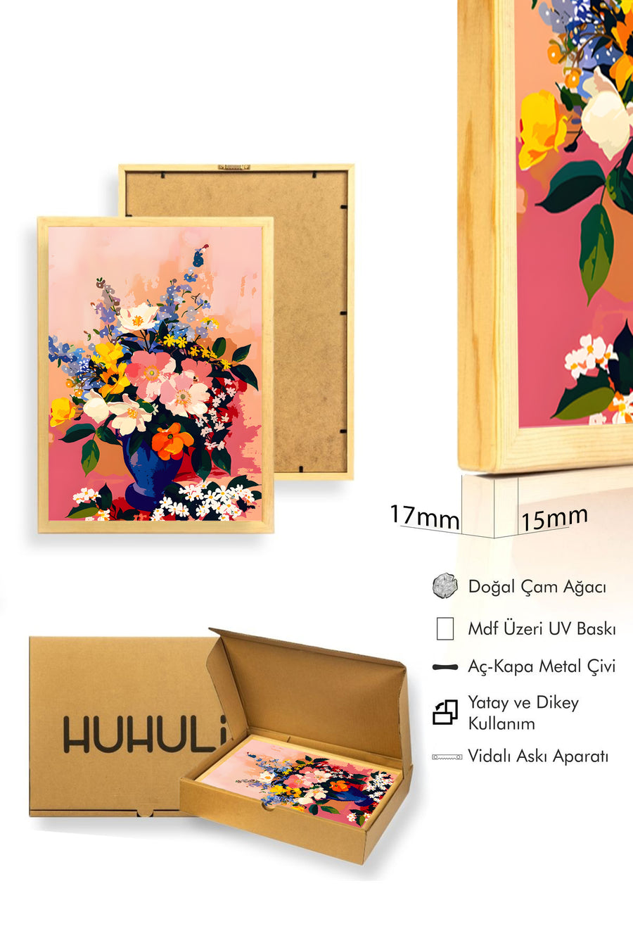 Doğal Ahşap Çerçeveli Çiçek Desenli Tablo - Canlı Bahar Tonları | huhu1764