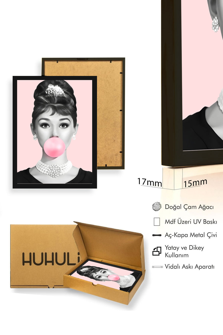 Doğal Ahşap Çerçeveli Minimal Desenli Tablo - Pembe-Beyaz | huhu1777
