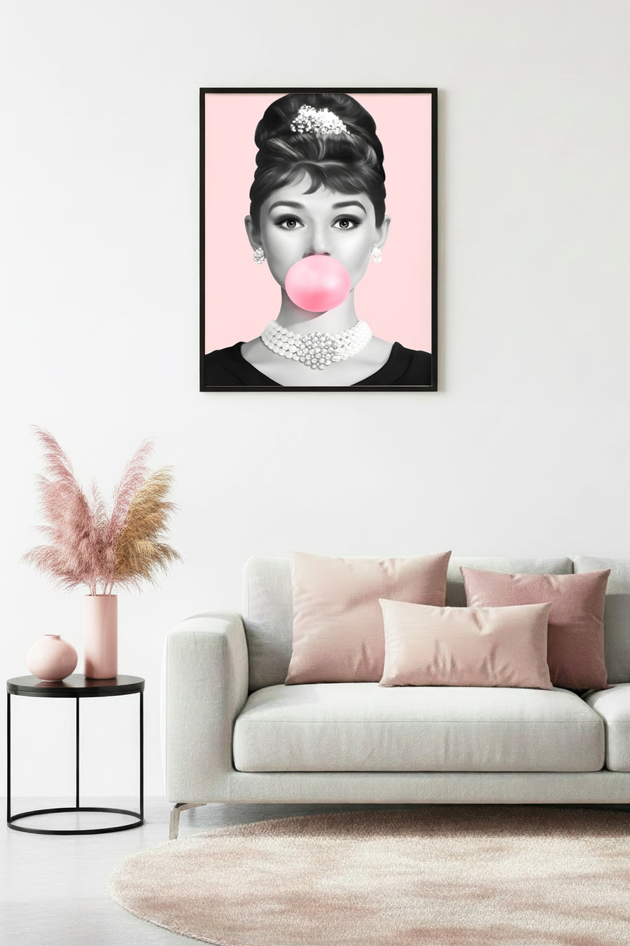 Doğal Ahşap Çerçeveli Minimal Desenli Tablo - Pembe-Beyaz | huhu1777