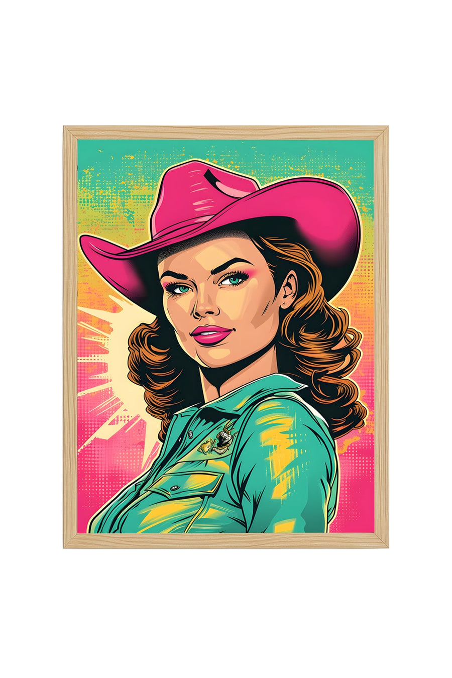 Doğal Ahşap Çerçeveli Pop Art Portre Tablo - Retro Pembe-Turkuaz | huhu1778