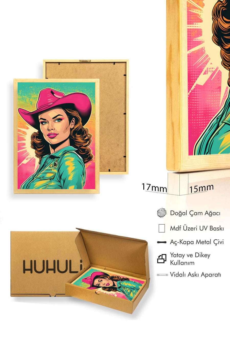 Doğal Ahşap Çerçeveli Pop Art Portre Tablo - Retro Pembe-Turkuaz | huhu1778
