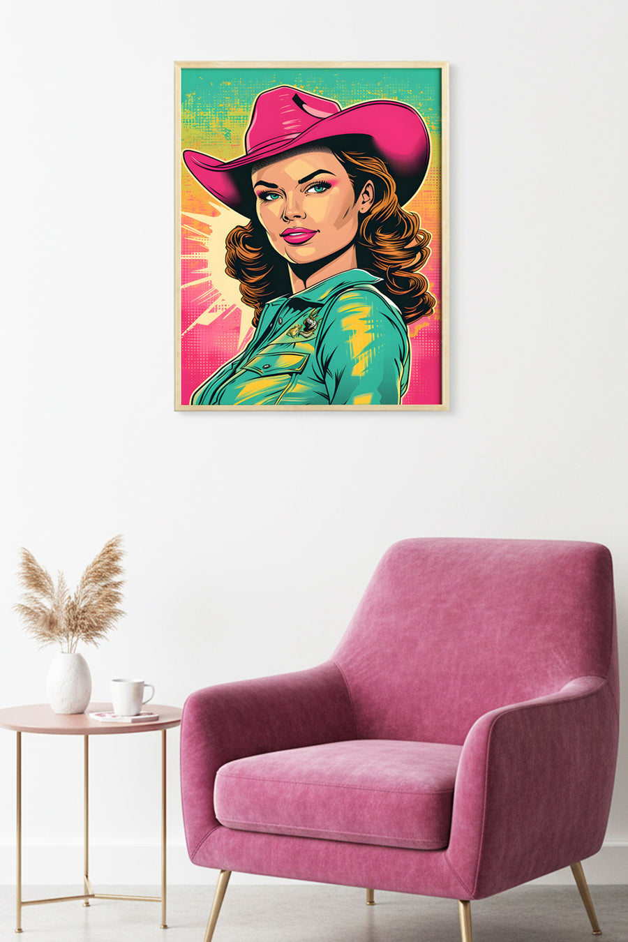 Doğal Ahşap Çerçeveli Pop Art Portre Tablo - Retro Pembe-Turkuaz | huhu1778