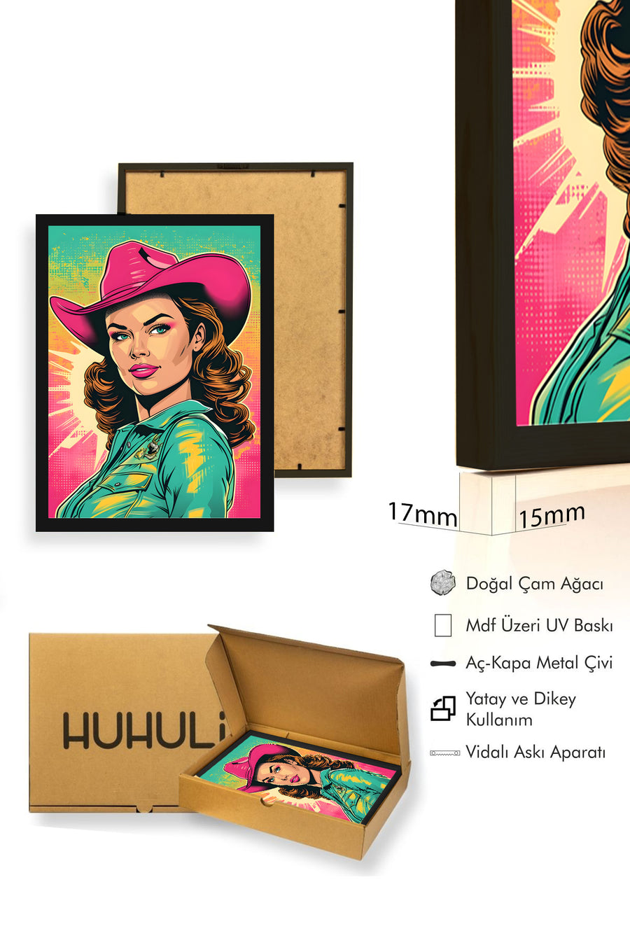 Doğal Ahşap Çerçeveli Pop Art Portre Tablo - Retro Pembe-Turkuaz | huhu1778