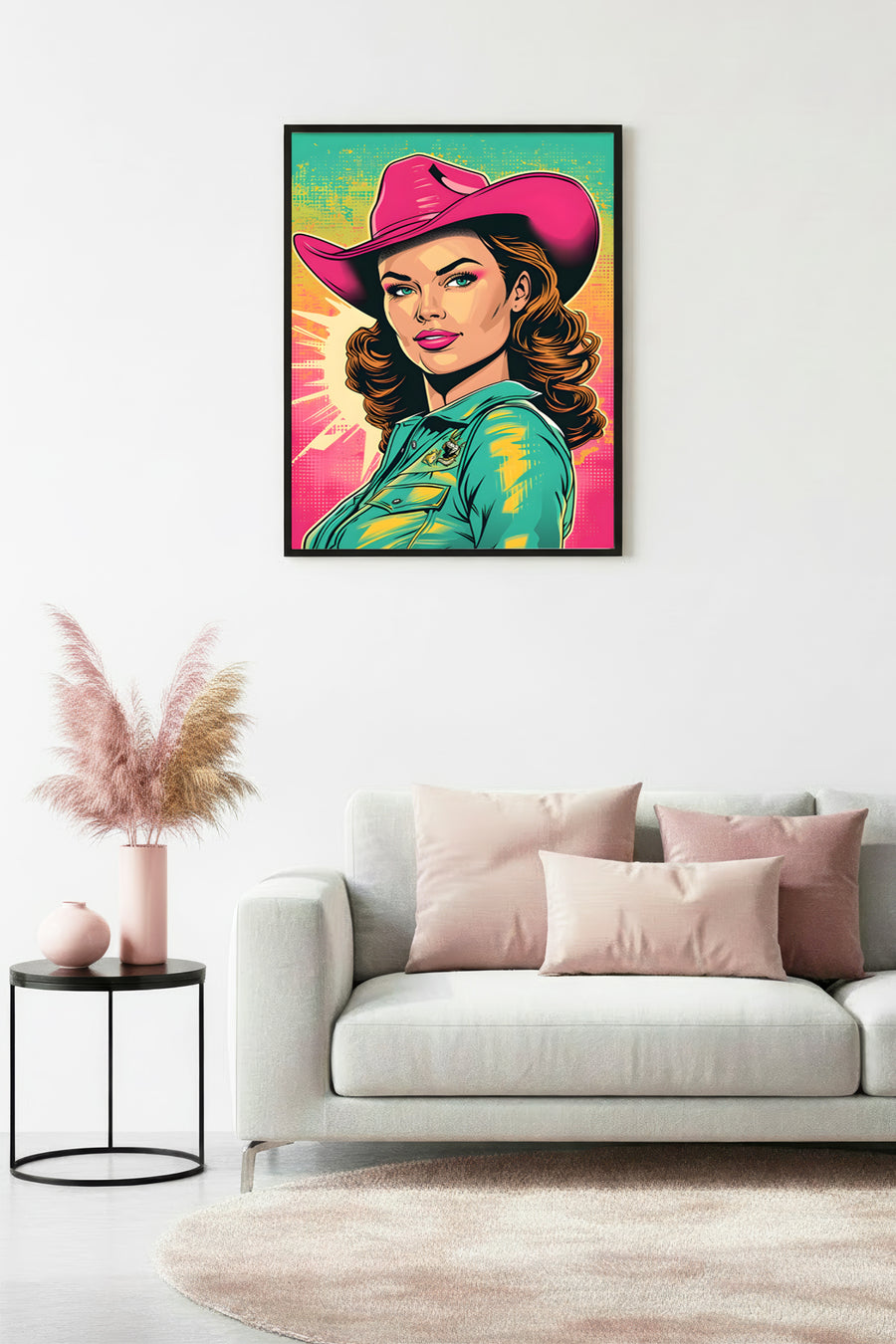 Doğal Ahşap Çerçeveli Pop Art Portre Tablo - Retro Pembe-Turkuaz | huhu1778