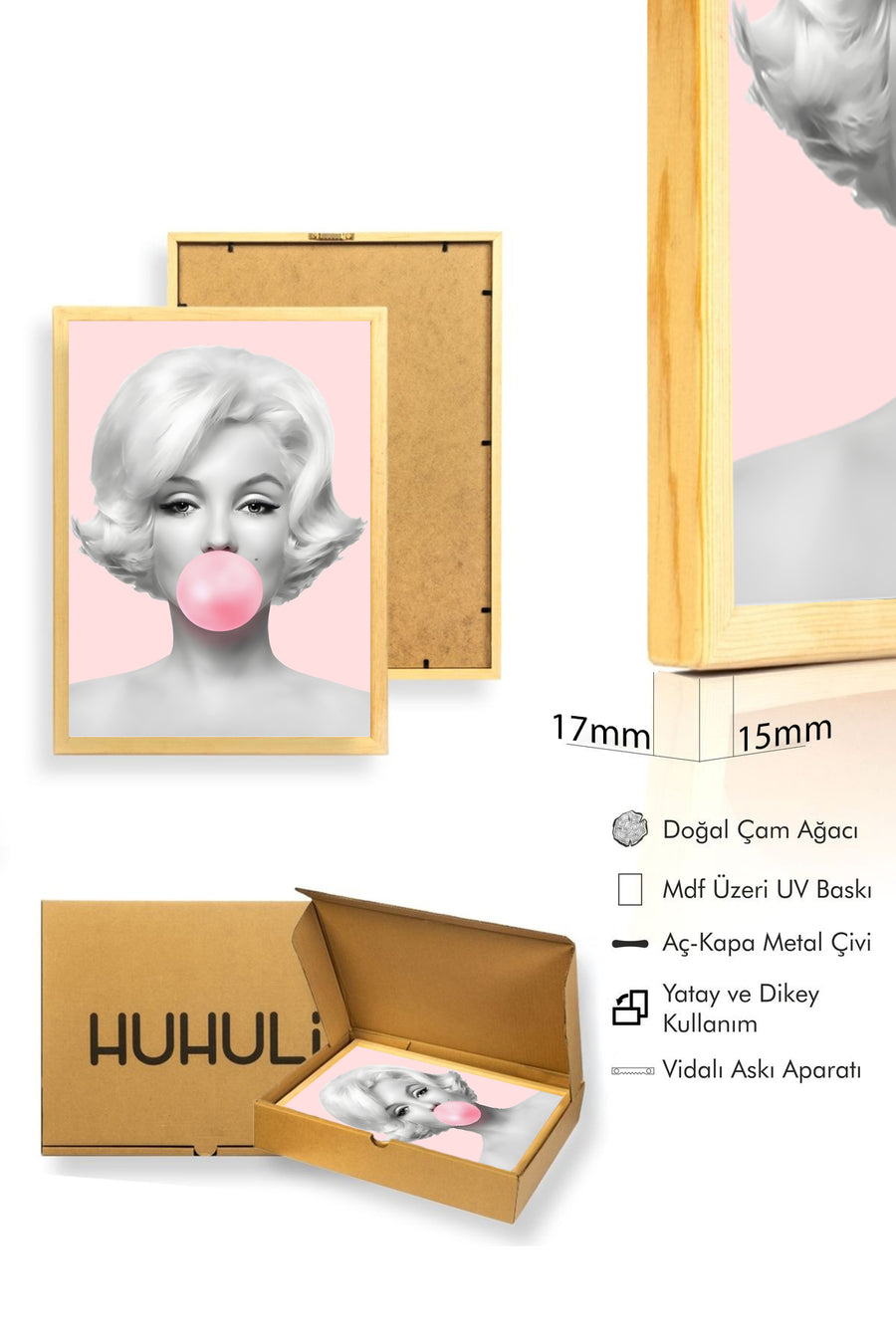 Doğal Ahşap Çerçeveli Portre Tablo - Minimalistik Gri Pembe Tonlar | huhu1780