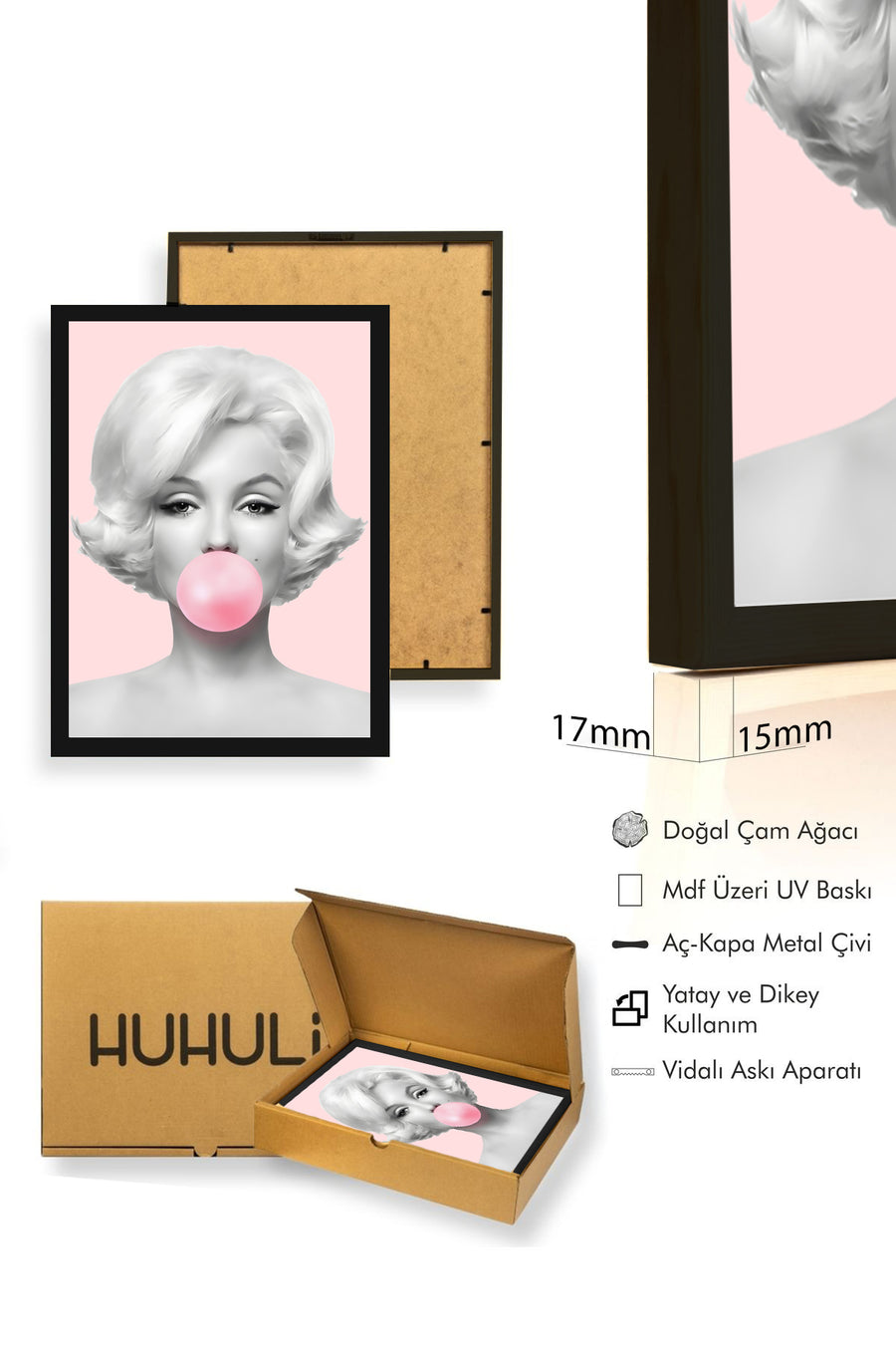 Doğal Ahşap Çerçeveli Portre Tablo - Minimalistik Gri Pembe Tonlar | huhu1780