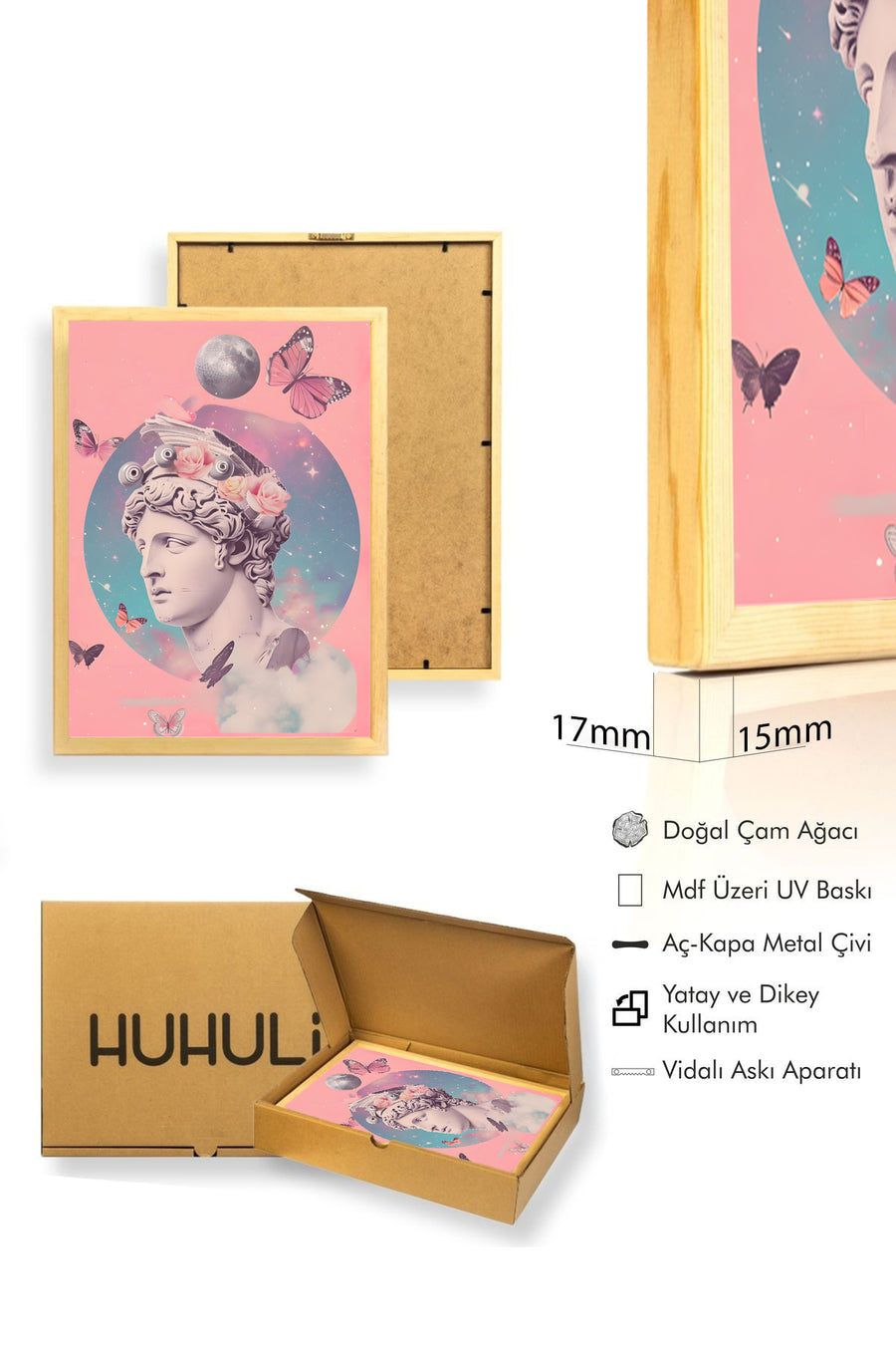 Doğal Ahşap Çerçeveli Rüya Temalı Sanatsal Tablo - Pembe Tonlar | huhu1782