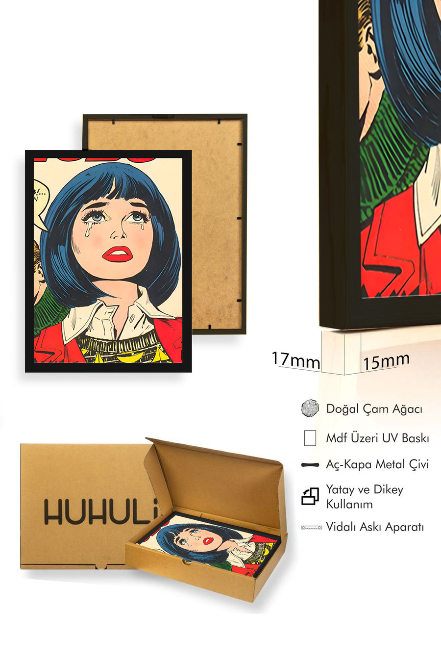 Doğal Ahşap Çerçeveli Pop Art Portre Desenli Tablo - Retro Tarz | huhu1783