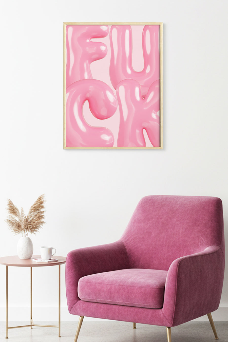 Doğal Ahşap Çerçeveli Pembe Harf Tablo - Modern Pop Art Baskı | huhu1785