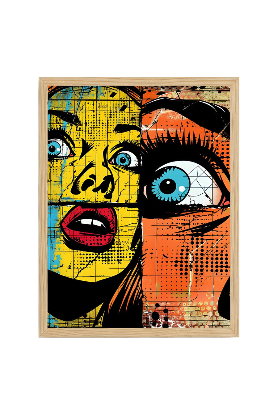 Doğal Ahşap Çerçeveli Soyut Pop Art Desenli Tablo - Sarı-Mavi | huhu1787
