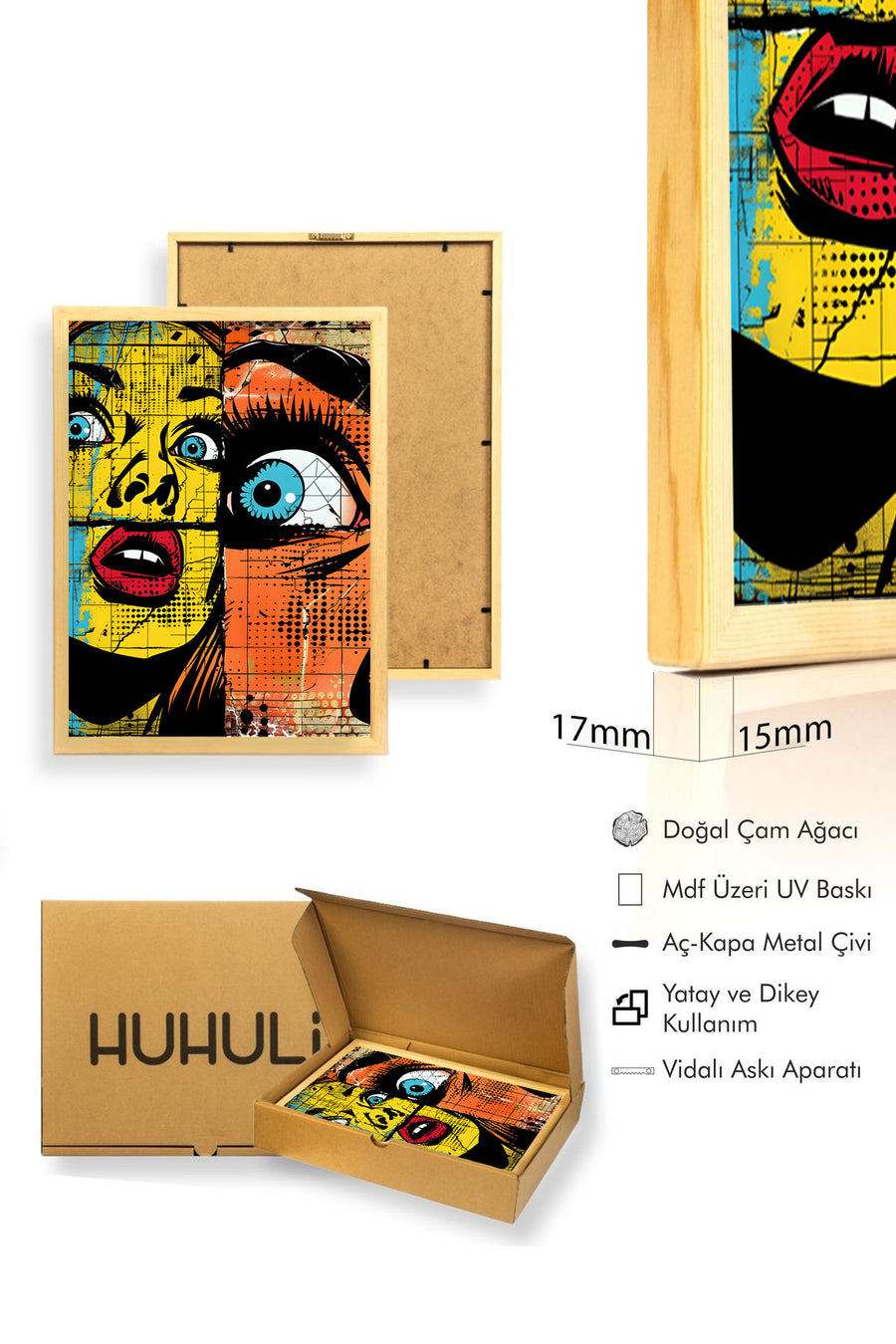 Doğal Ahşap Çerçeveli Soyut Pop Art Desenli Tablo - Sarı-Mavi | huhu1787