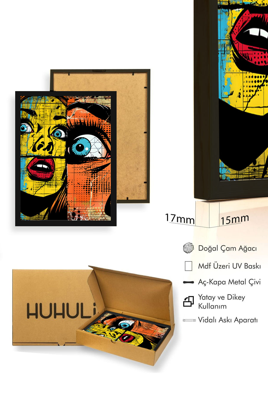Doğal Ahşap Çerçeveli Soyut Pop Art Desenli Tablo - Sarı-Mavi | huhu1787