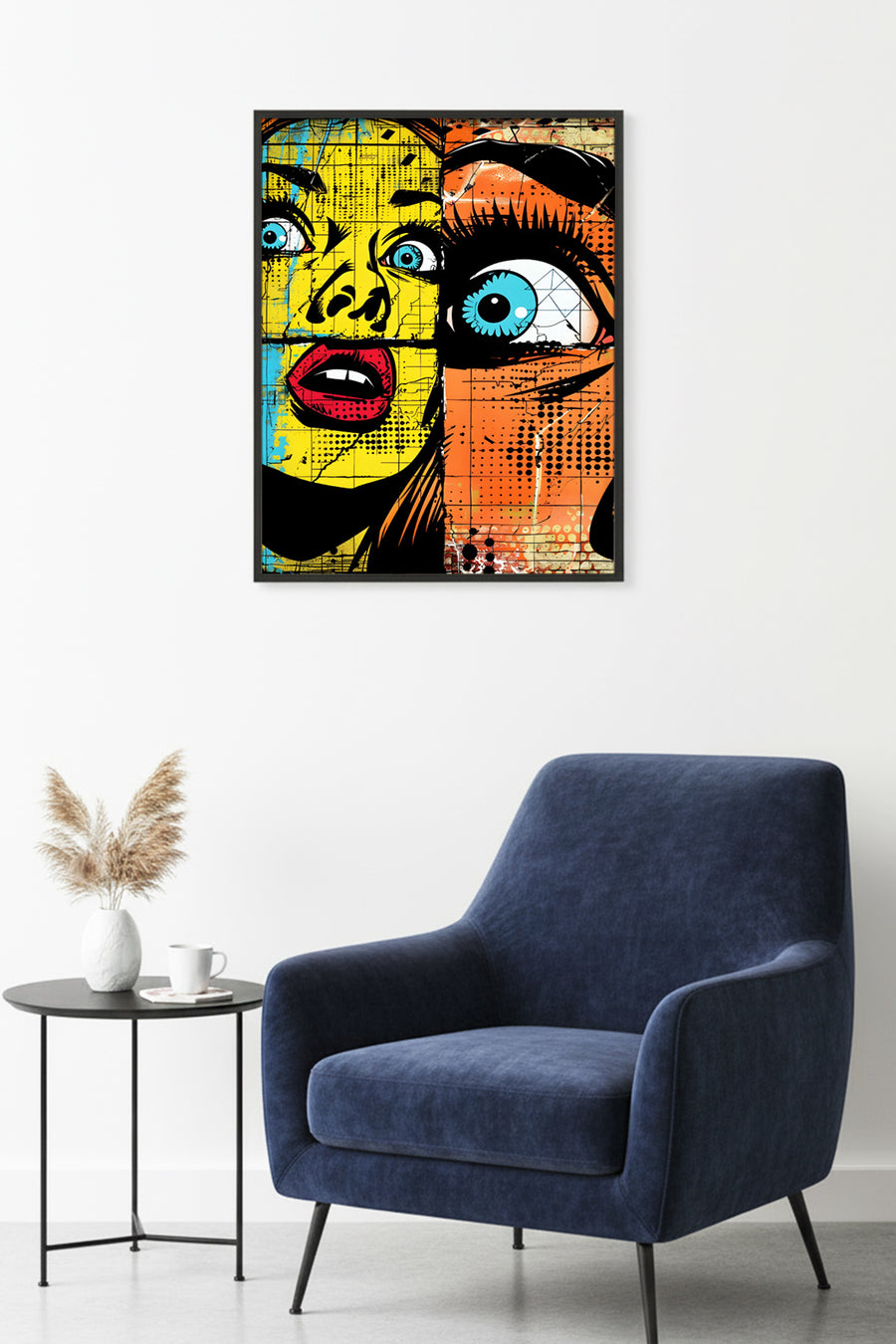 Doğal Ahşap Çerçeveli Soyut Pop Art Desenli Tablo - Sarı-Mavi | huhu1787