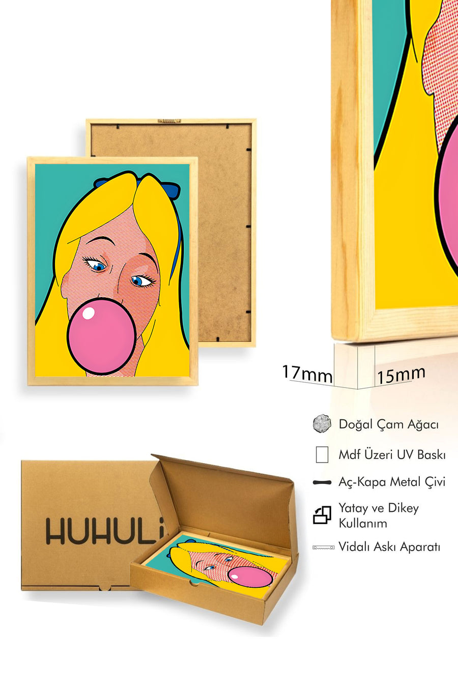 Doğal Ahşap Çerçeveli Pop Art Portre Tablo - Pembe & Sarı | huhu1790