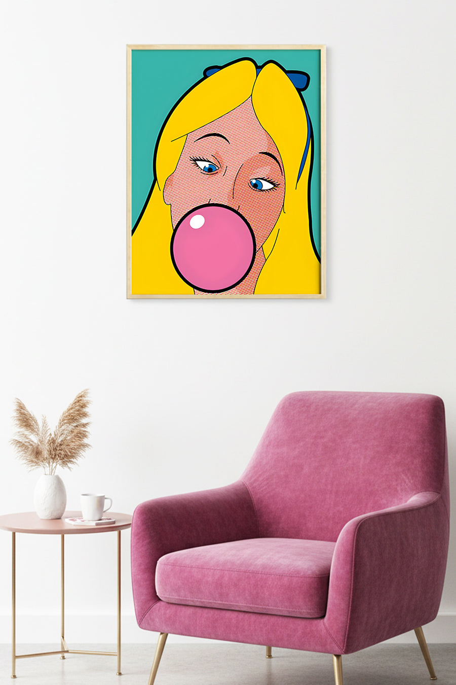 Doğal Ahşap Çerçeveli Pop Art Portre Tablo - Pembe & Sarı | huhu1790