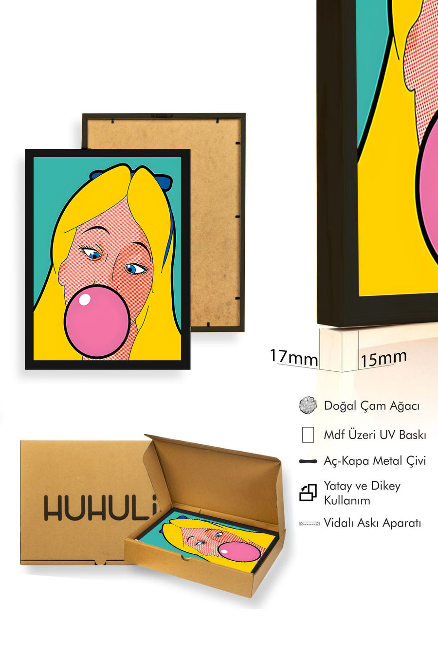 Doğal Ahşap Çerçeveli Pop Art Portre Tablo - Pembe & Sarı | huhu1790