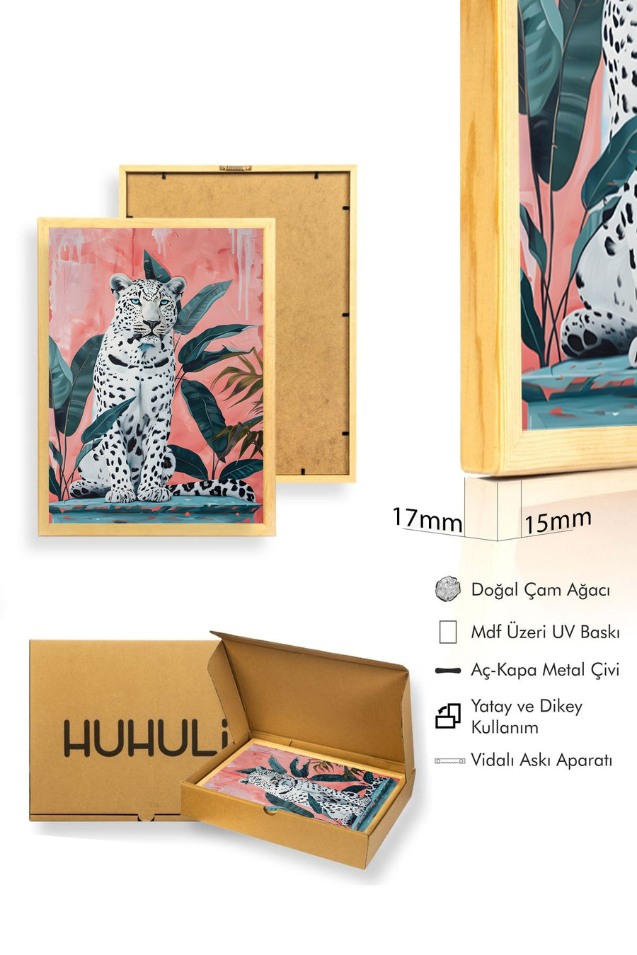 Doğal Ahşap Çerçeveli Leopar Desenli Tablo - Canlı Orman | huhu1792