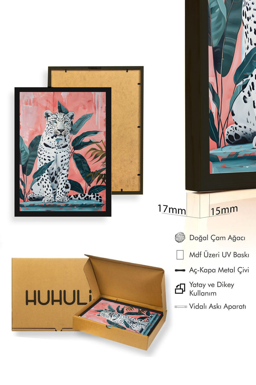 Doğal Ahşap Çerçeveli Leopar Desenli Tablo - Canlı Orman | huhu1792