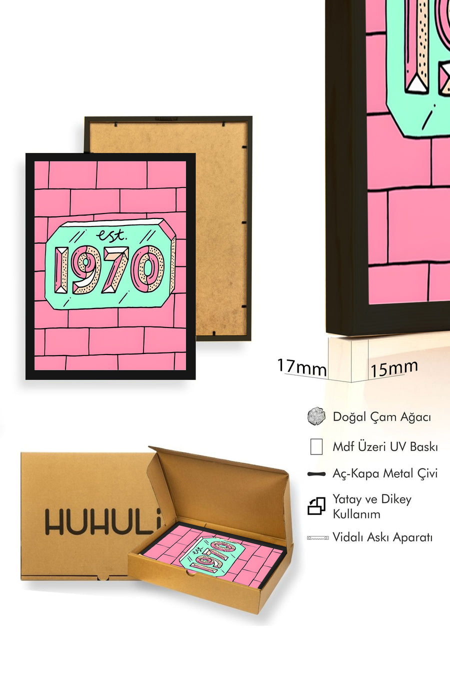 Doğal Ahşap Çerçeveli Retro Desenli Tablo - Pastel Tonlar | huhu1795